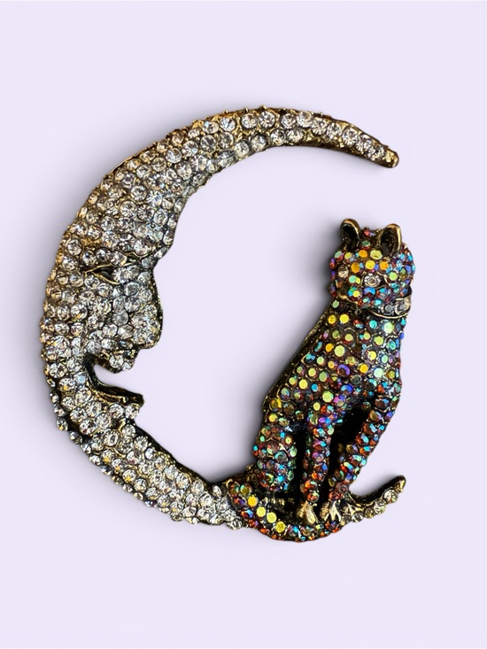 Jewelry - Crystal Moon Cat Brooch - Multicolor and Silver Sparkle